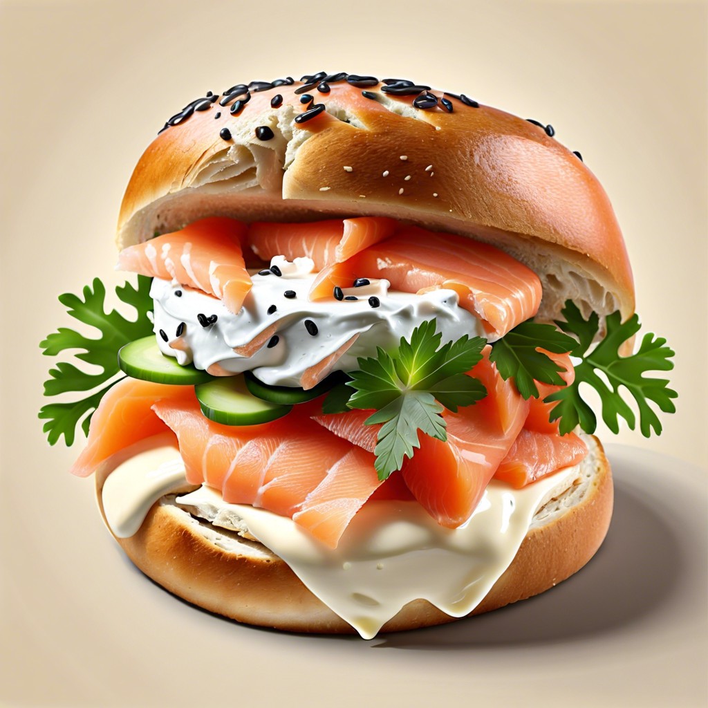 smoked salmon and cream cheese on whole grain bagel slices