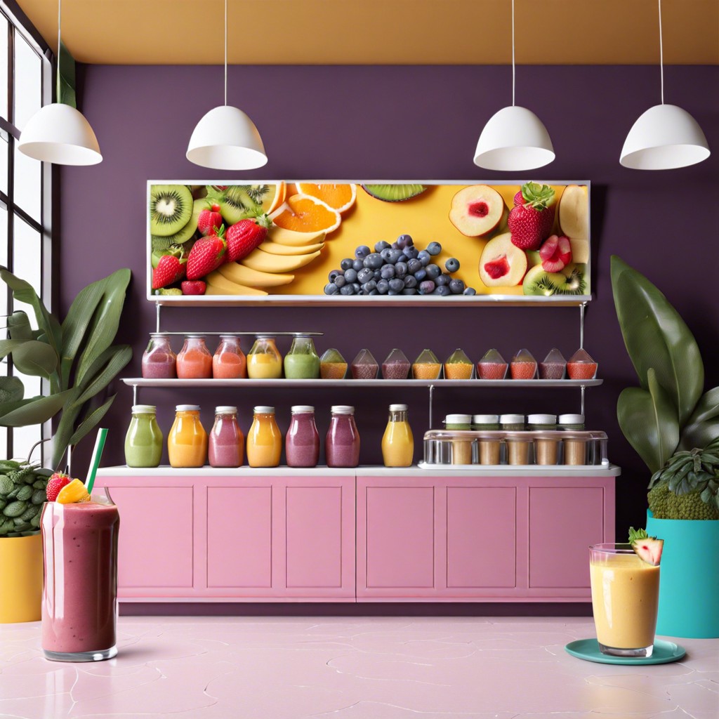 smoothie bar with different fruits vegetables and protein powders