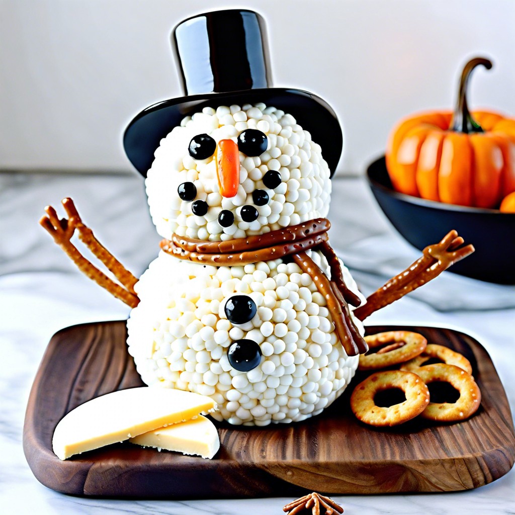 snowman cheese ball stack cheese balls decorate with peppercorn eyes and pretzel arms