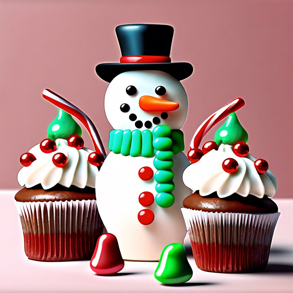 snowman cupcakes frost with white icing use candies for face and accessories