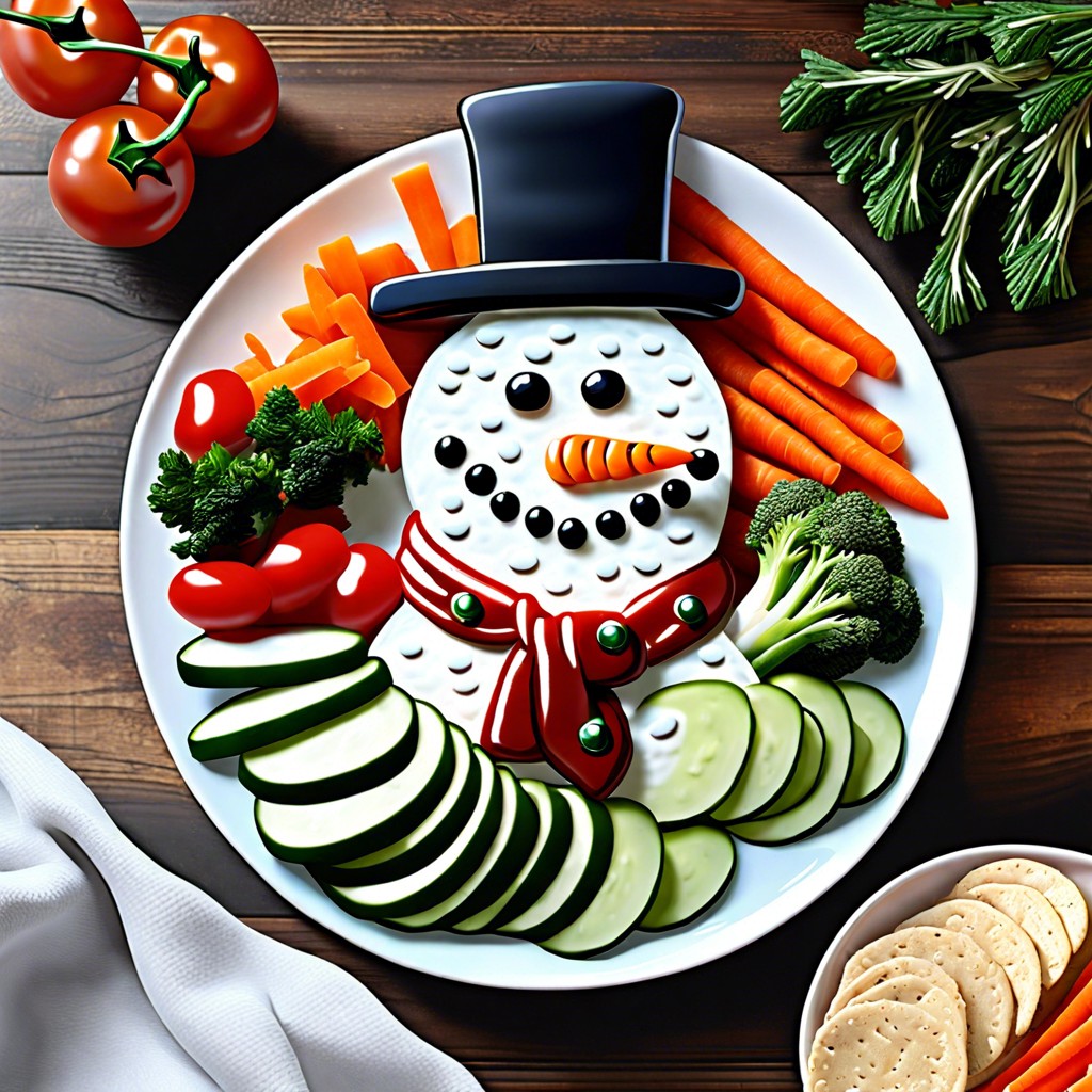 snowman dip platter arrange veggies around a bowl of dip add a veggie hat and scarf