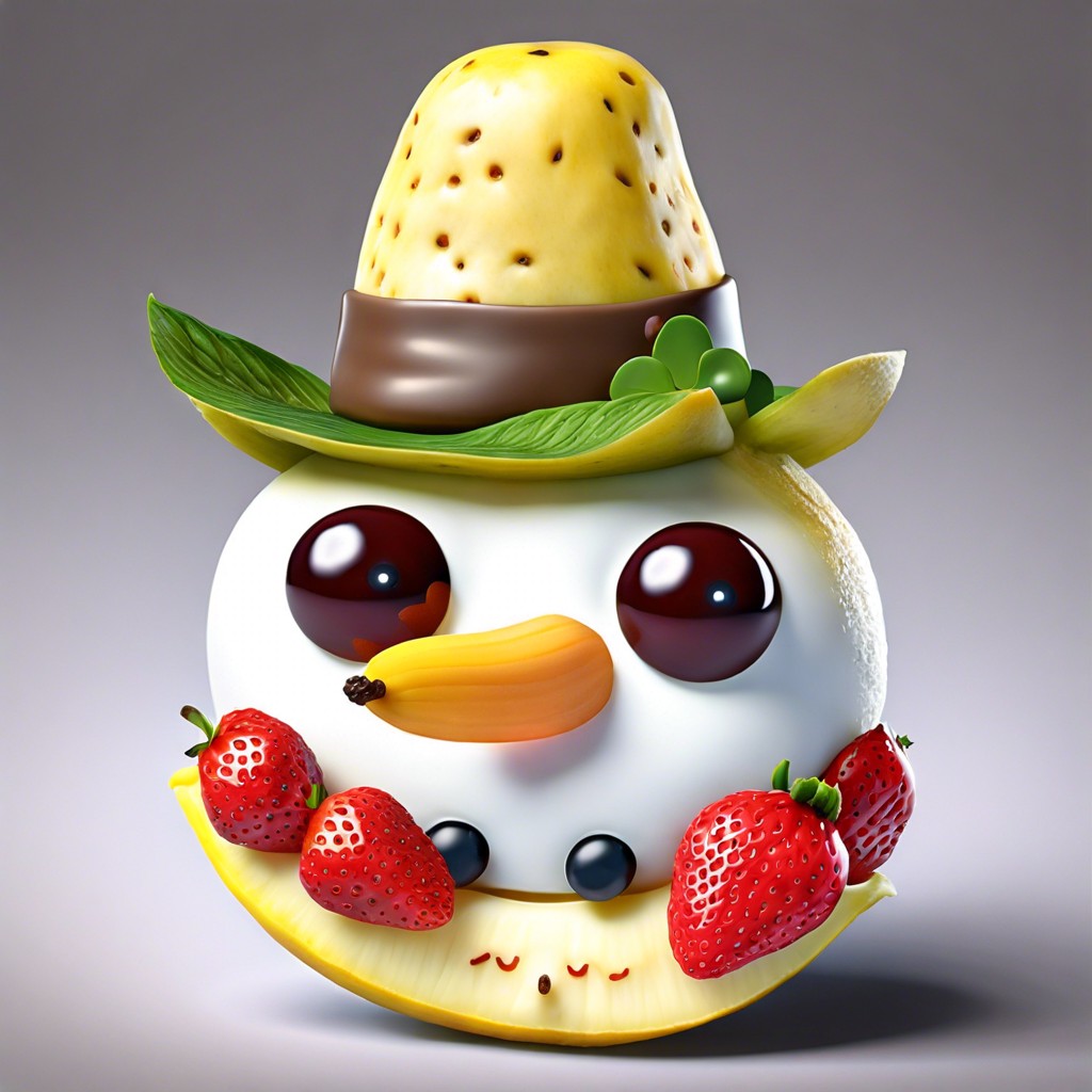 snowman fruit snack banana slices for body raisin eyes and a strawberry hat