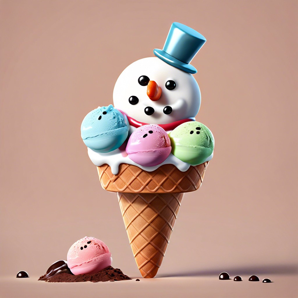 snowman ice cream scoops stack scoops use chocolate chips for features