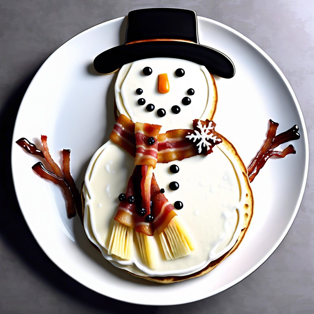 snowman pancakes pancakes with bacon scarf blueberry buttons and whipped cream