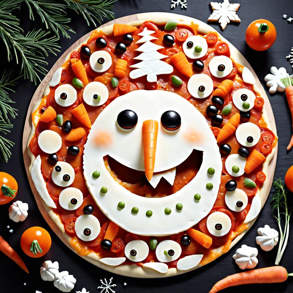 snowman pizza use mozzarella and black olives for eyes a carrot for the nose