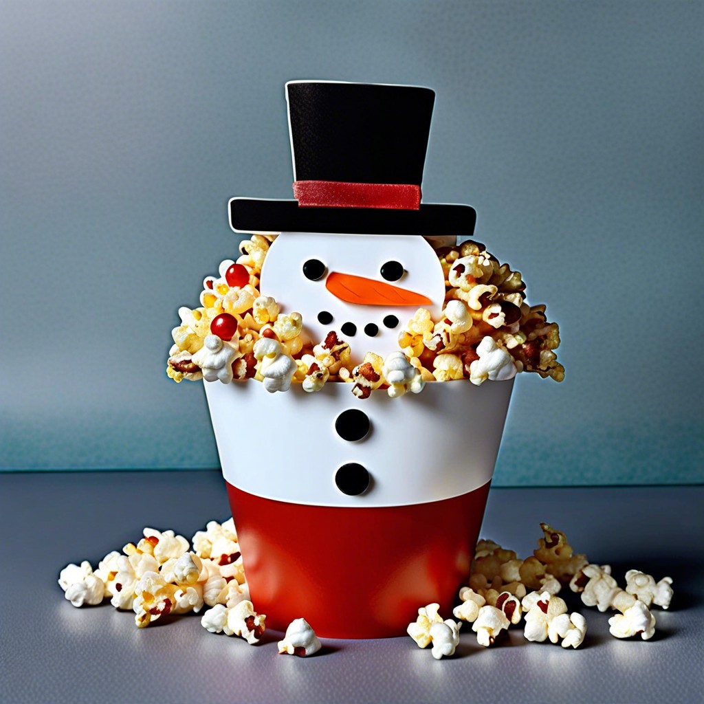 snowman popcorn cups decorate cups like snowmen filled with popcorn