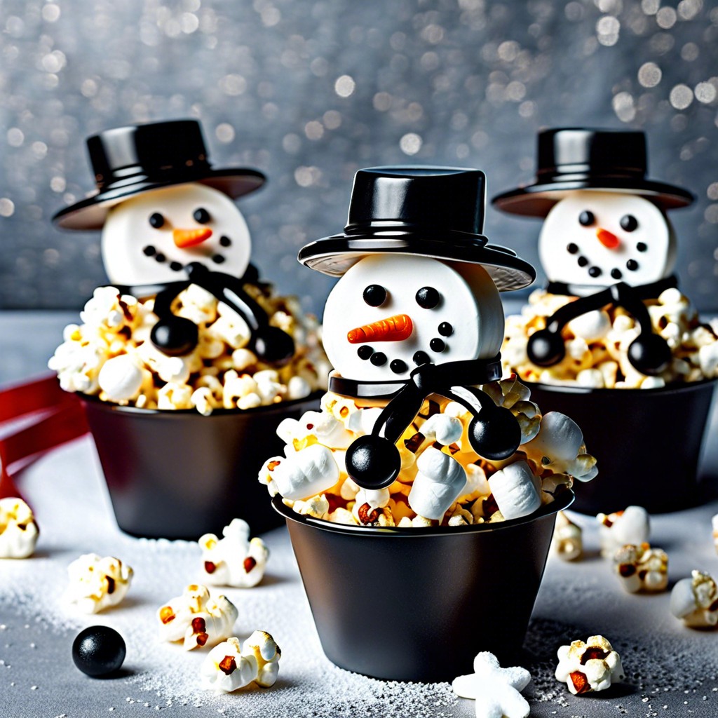 snowman popcorn cups popcorn marshmallows black decorating gel