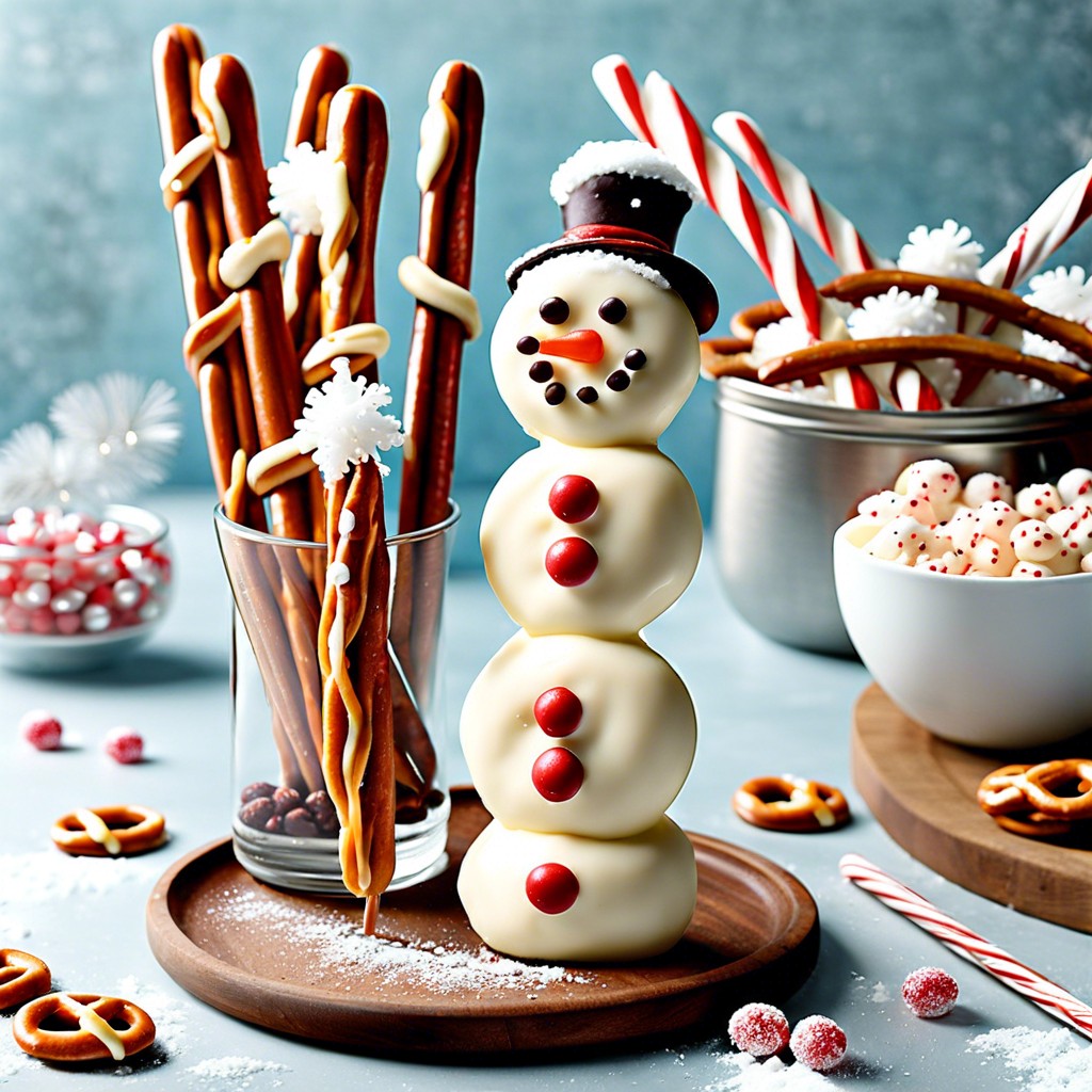 snowman pretzel sticks dip pretzel sticks in white chocolate use candies for details