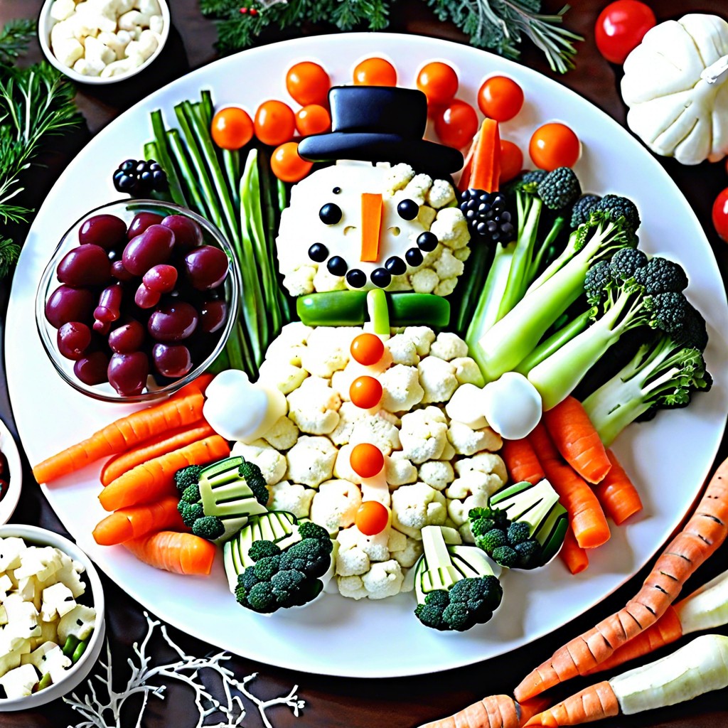 snowman veggie platter cauliflower florets for bodies with veggie accessories