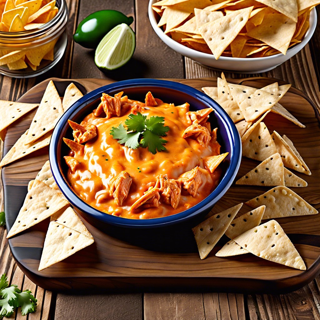 spicy buffalo chicken dip with tortilla chips