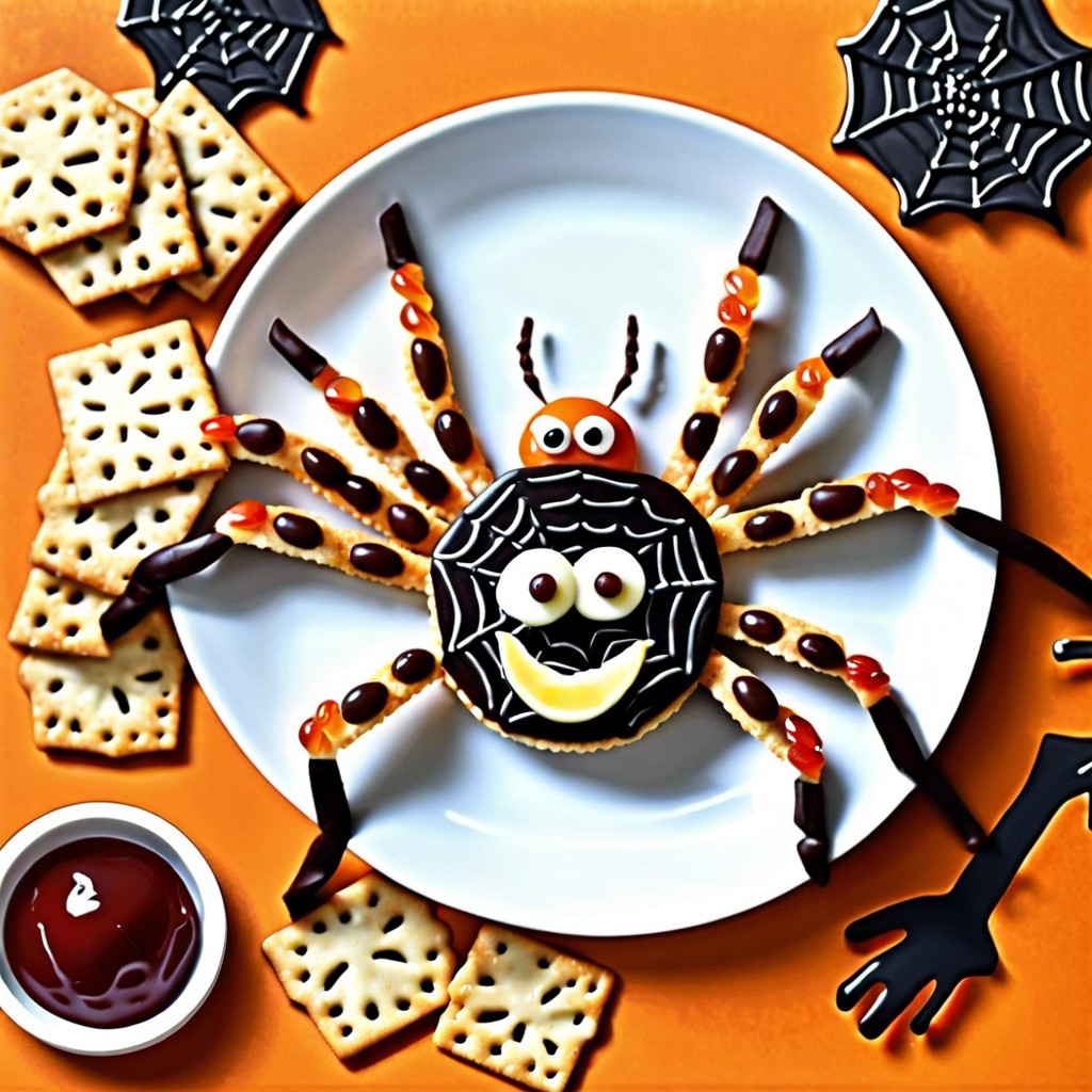 spider crackers use whole grain crackers top with a round cheese slice and pretzel sticks for spider legs