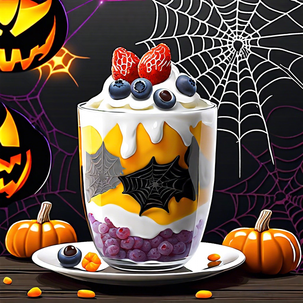 spiderweb yogurt parfaits layered yogurt and granola topped with a dark syrup web