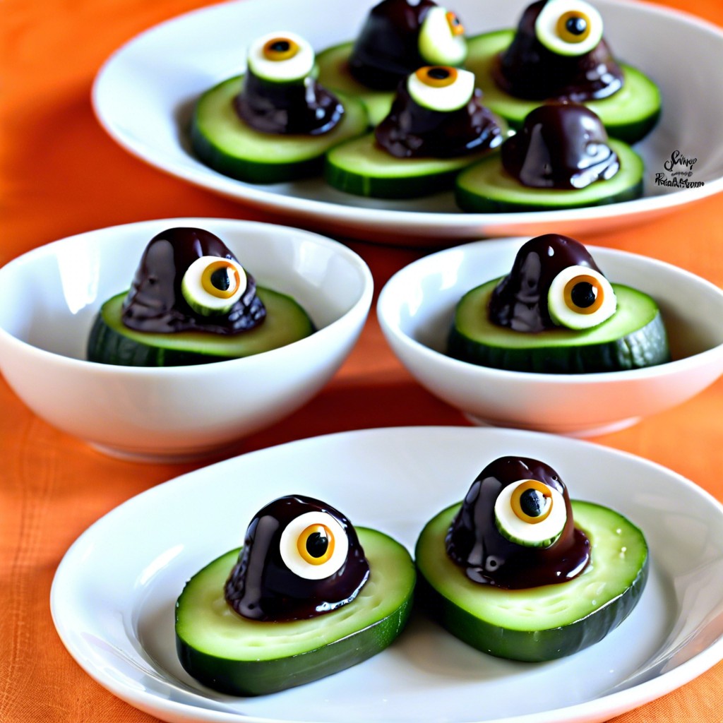 spooky cucumber eyes slices of cucumber with an olive slice in the middle