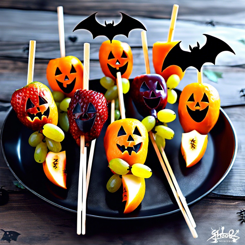 spooky fruit skewers use melons and berries to create ghost and bat shapes