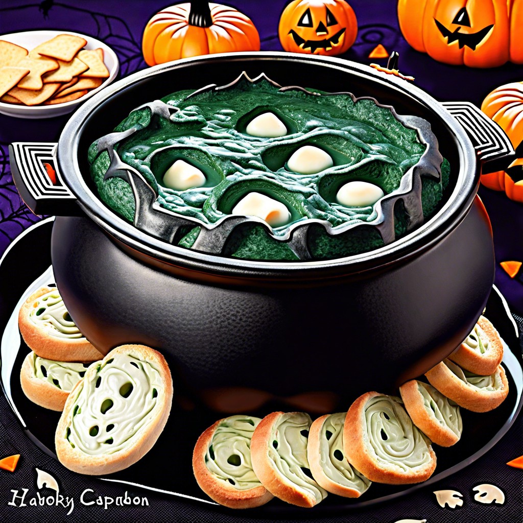 spooky spinach dip in a bread cauldron