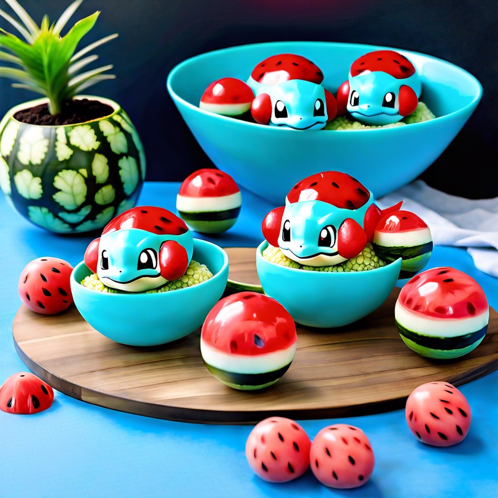 squirtle watermelon watermelon balls served in a blue bowl