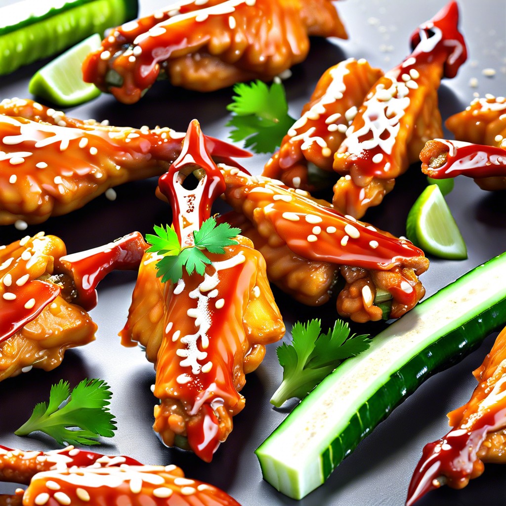 sriracha wings with cucumber spears