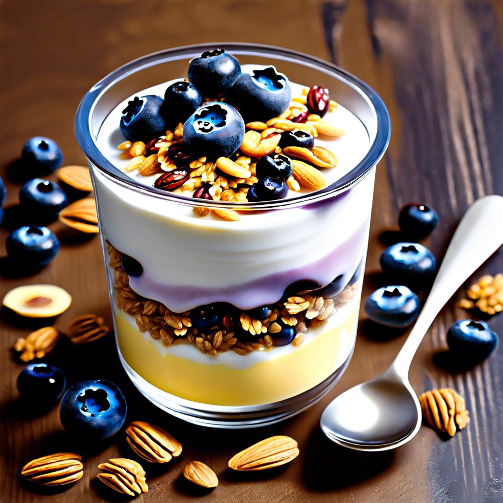 sunflower field yogurt parfait layered granola yellow tinted yogurt and blueberries