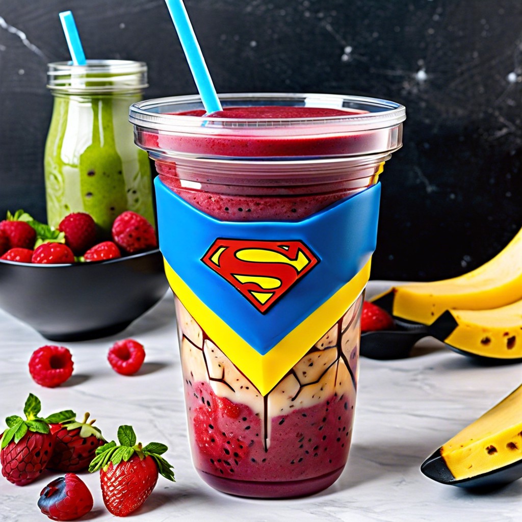 superhero smoothie cups with colorful layers