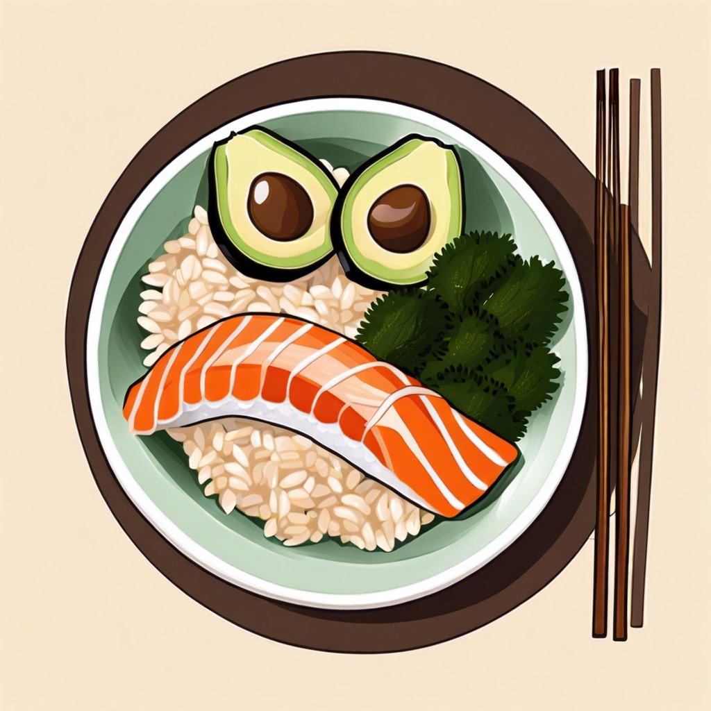 sushi bowl with brown rice avocado and seaweed