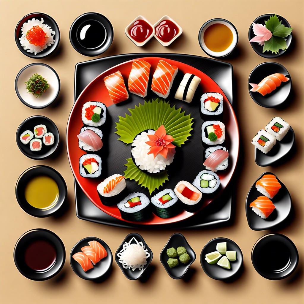 sushi sampler assorted sushi rolls wasabi pickled ginger and soy sauce