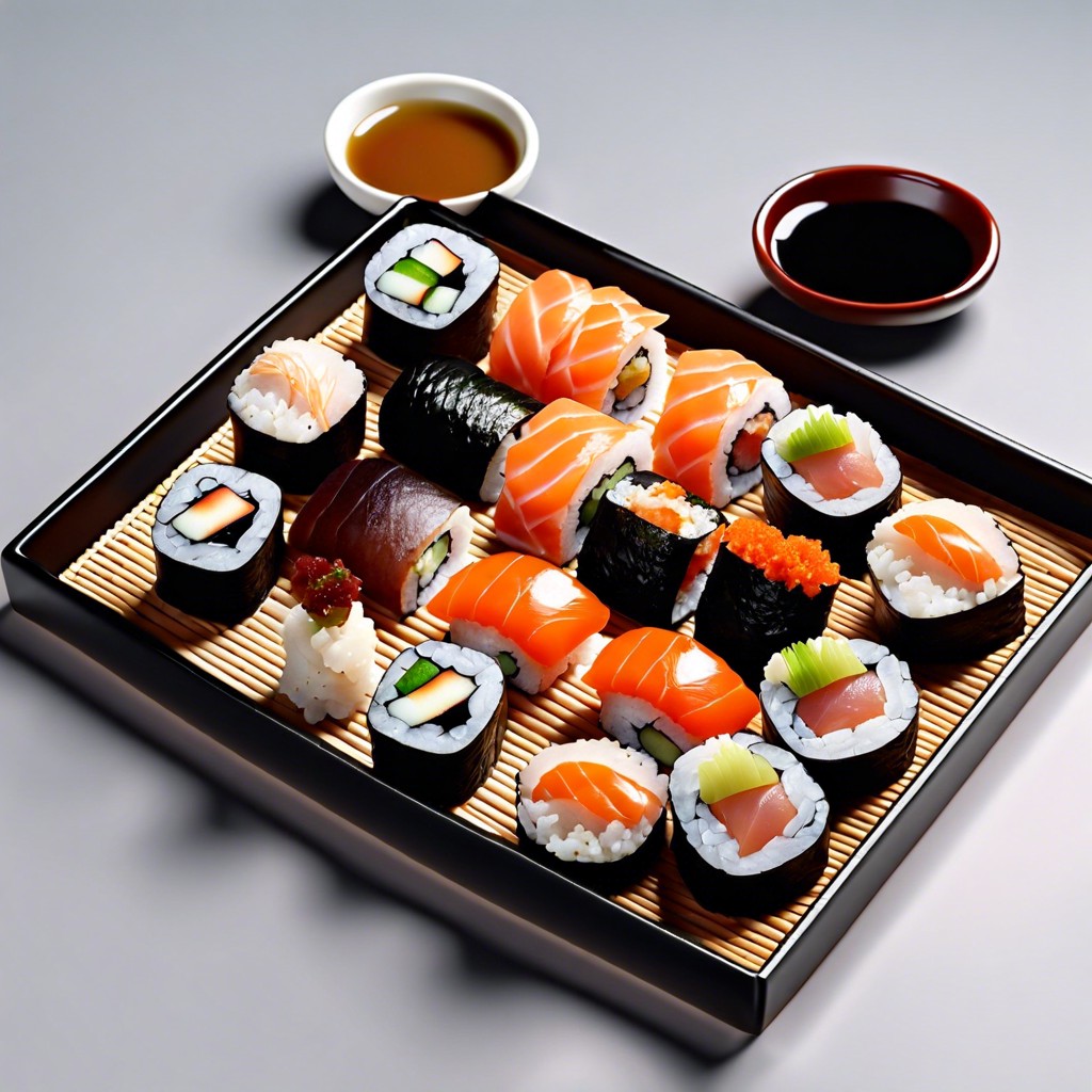 sushi sampler assorted sushi rolls wasabi soy sauce and pickled ginger