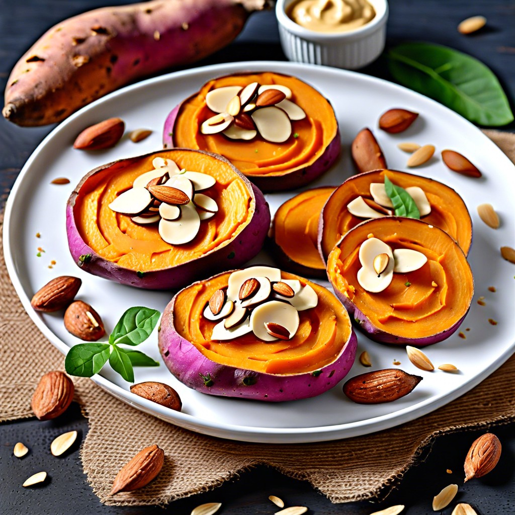 sweet potato rounds topped with hummus and almond flakes