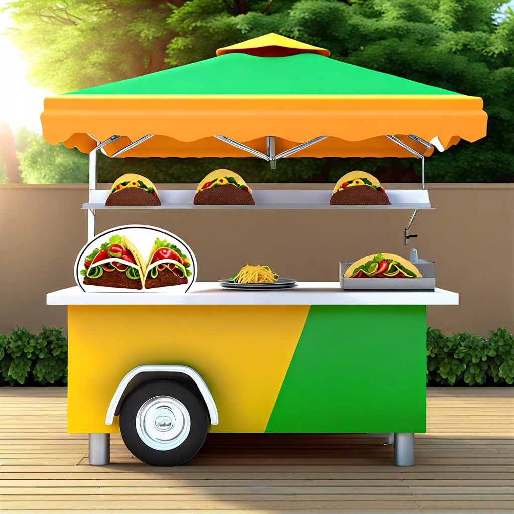 taco stand with mini tortillas and various fillings and toppings