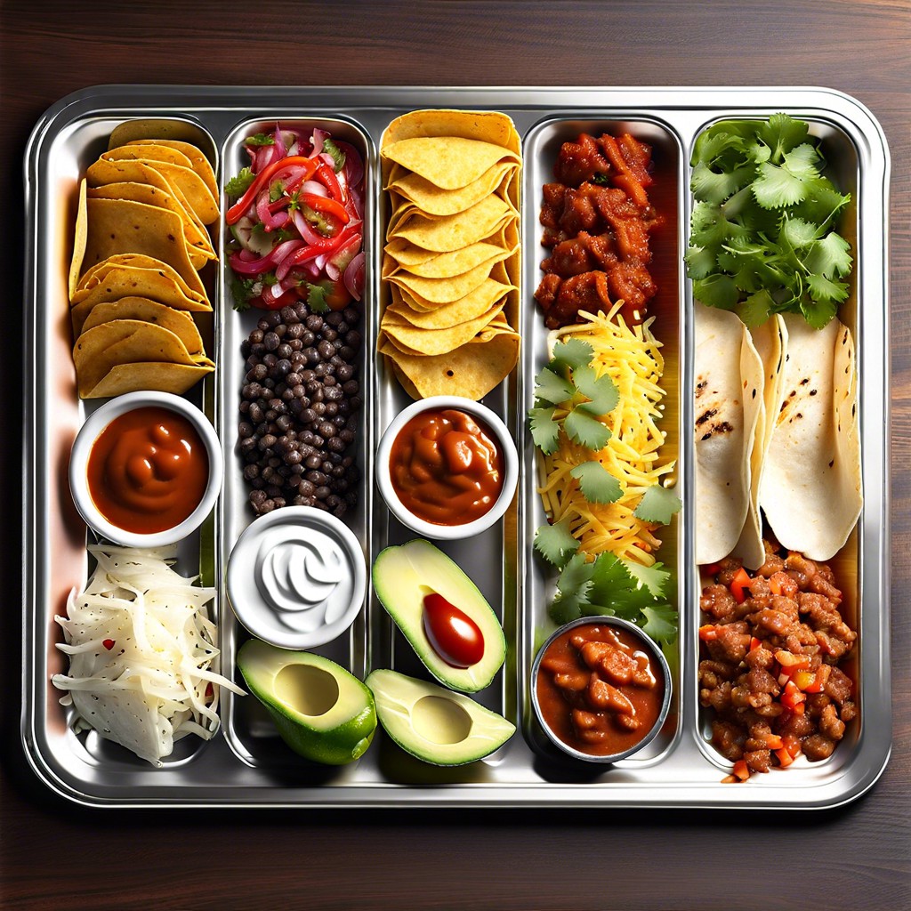 taco tray with assorted fillings and toppings