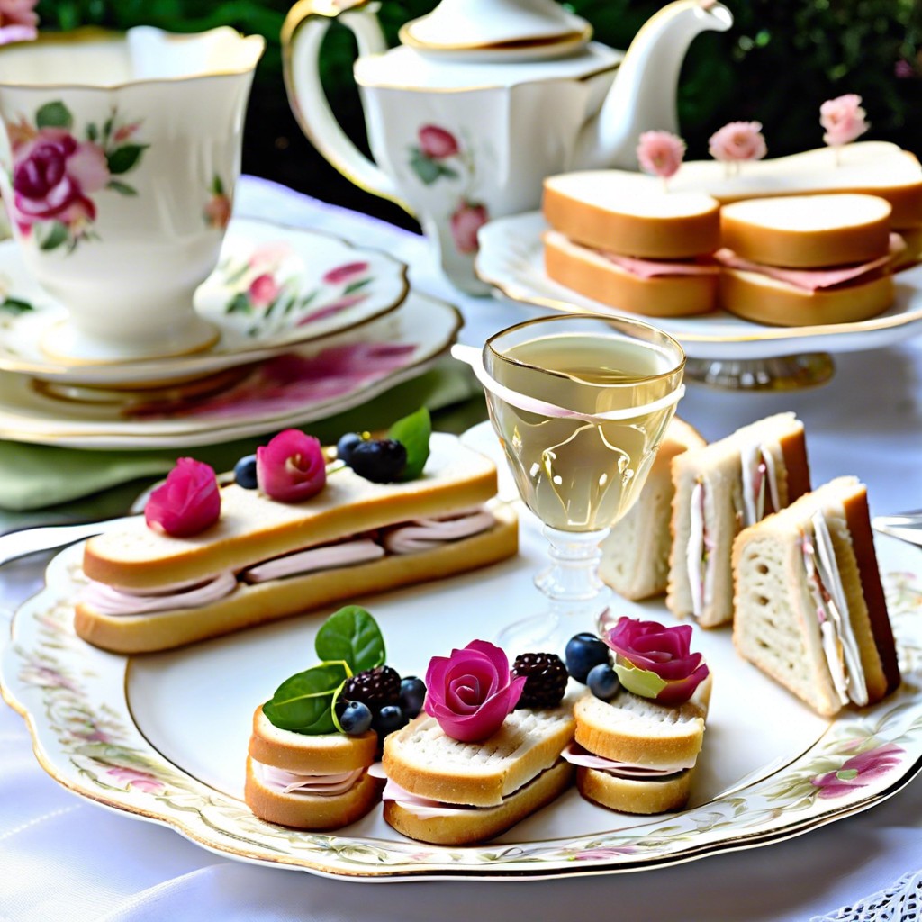 tea party finger sandwiches scones mini cakes fresh berries clotted cream