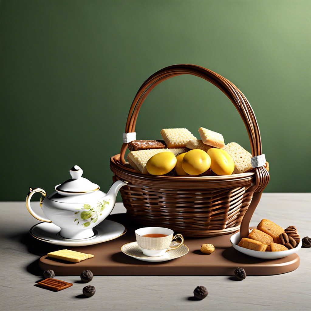 tea time basket variety of teas with biscuits and honey