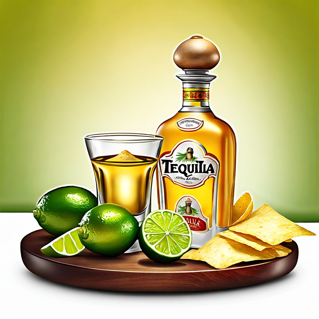 tequila with lime wedges spicy salsa and tortilla chips