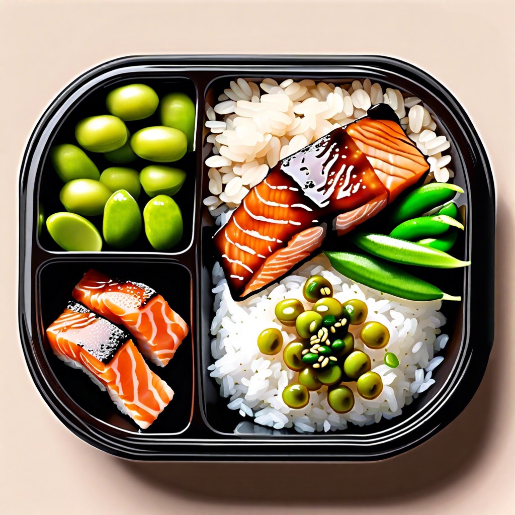 teriyaki salmon steamed rice edamame and pickled cucumber