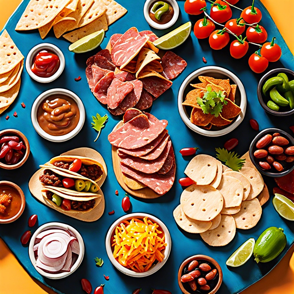 tex mex board with mini tacos guacamole and tortilla chips