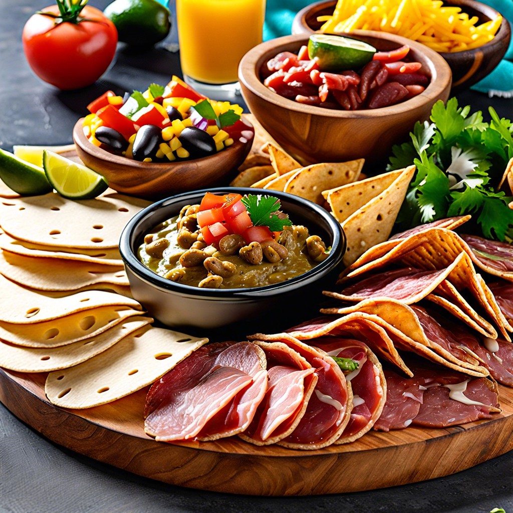 tex mex board with mini tacos guacamole salsa