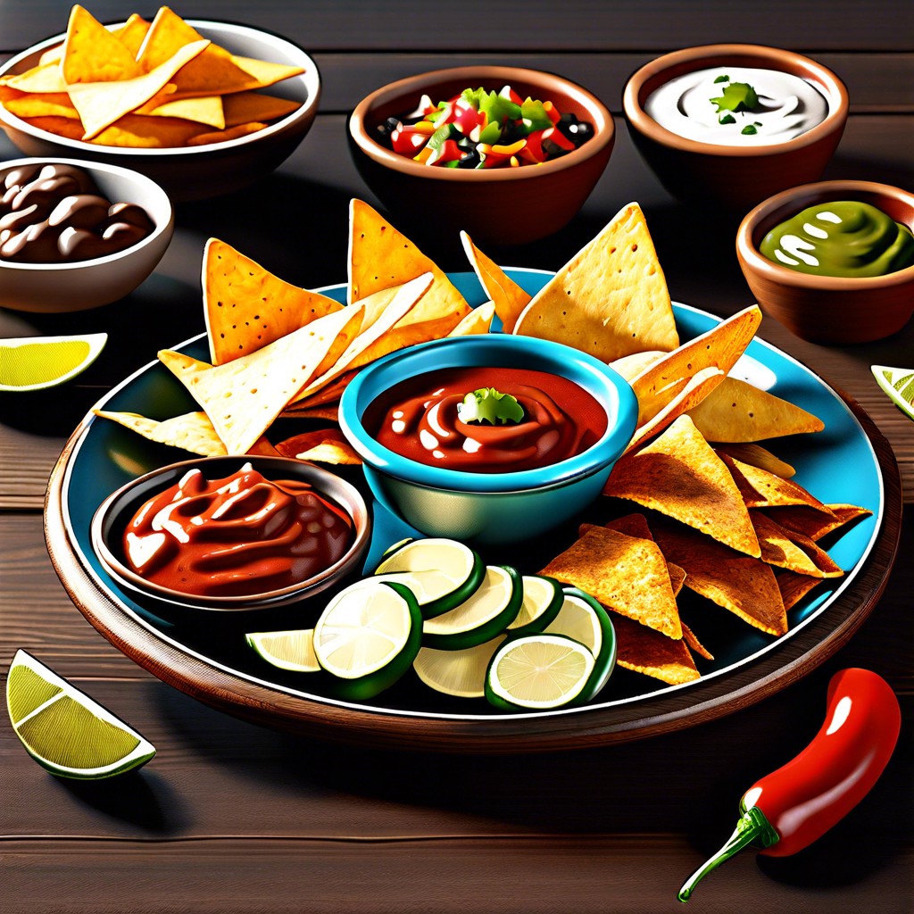 tex mex fiesta nacho chips salsa queso dip and jalapeno slices