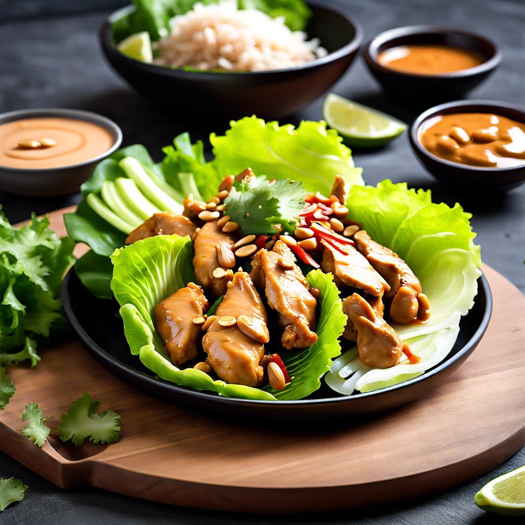 thai chicken with peanut sauce in lettuce wraps