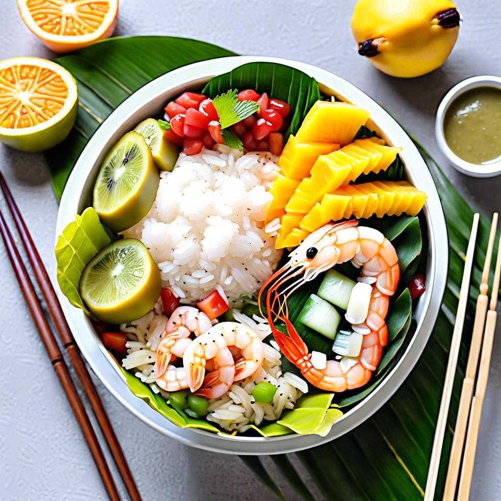 thai shrimp salad coconut rice and tropical fruit slices