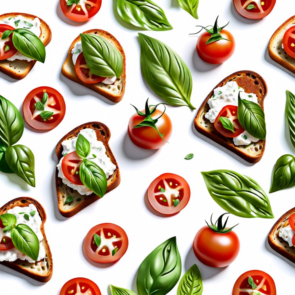 tomato basil cottage cheese toast with sliced cherry tomatoes and fresh basil