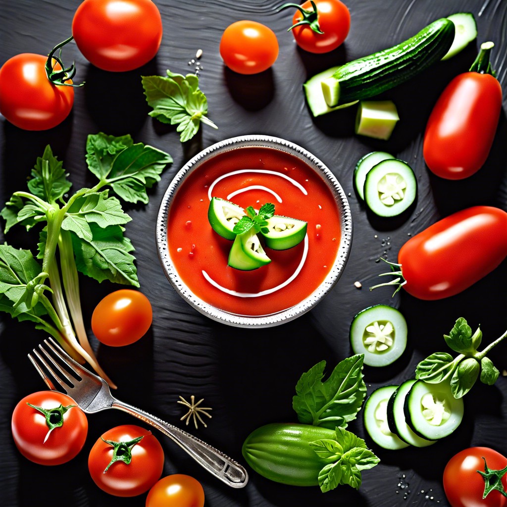 tomato gazpacho shots with cucumber garnish