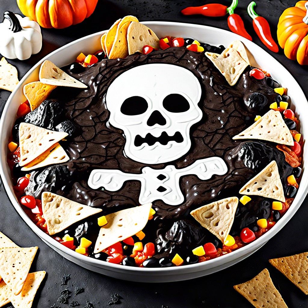 tombstone taco dip graveyard scene with tombstone shaped tortilla chips