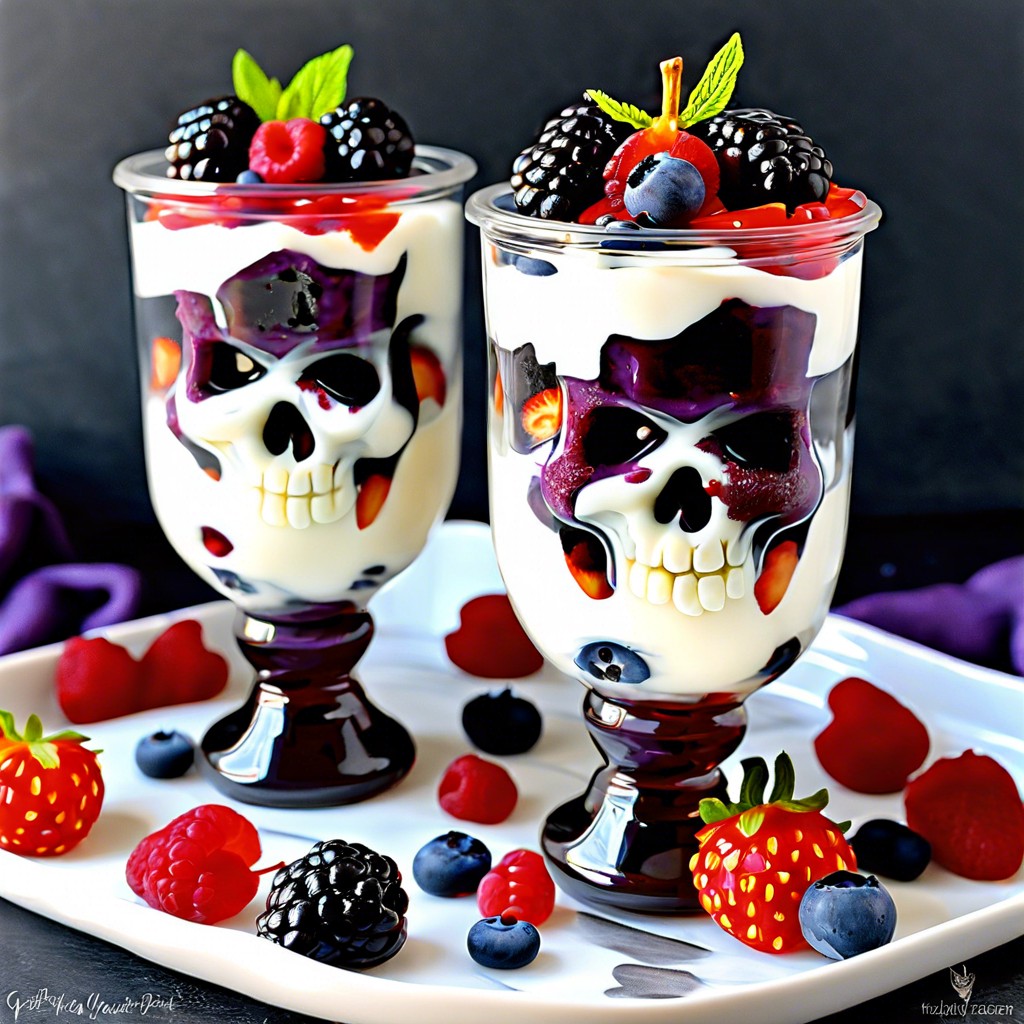 tombstone yogurt parfaits layer yogurt with berries in clear cups topped with a cookie ‘tombstone