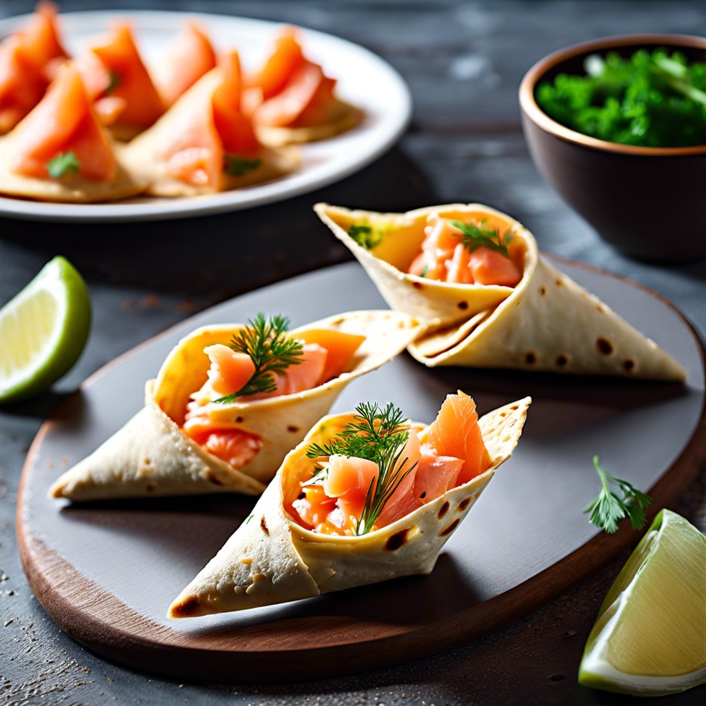 tortilla cones filled with smoked salmon and cream cheese