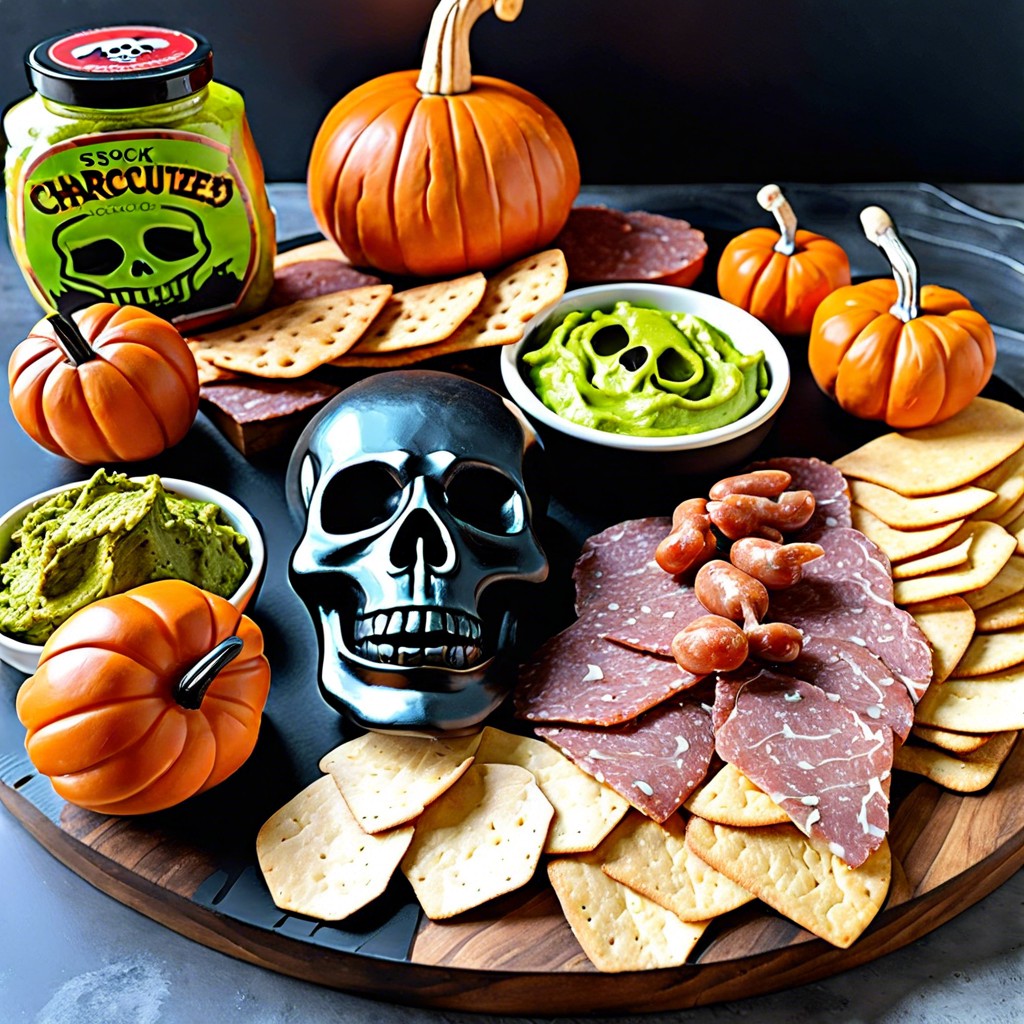 toxic green guacamole with skull tortilla chips