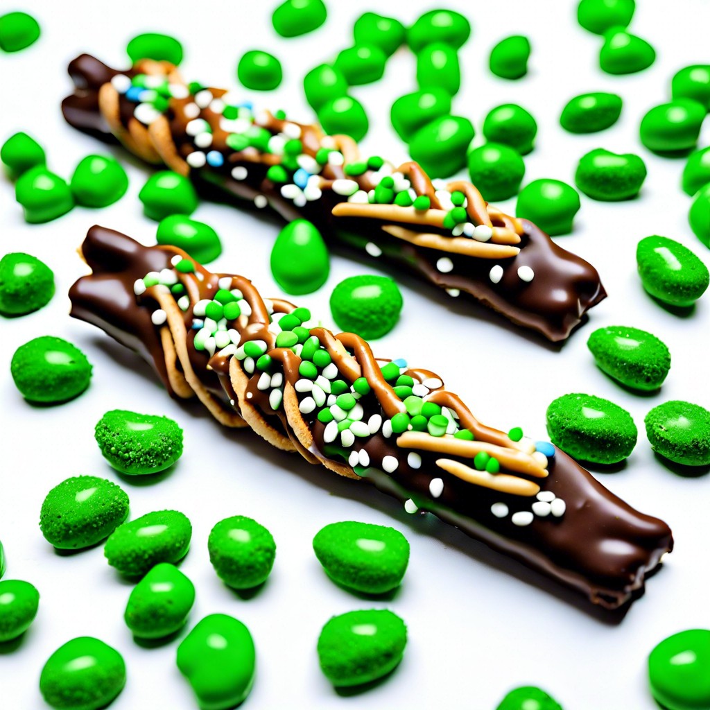 tree branch pretzels chocolate dipped pretzels with green sprinkles