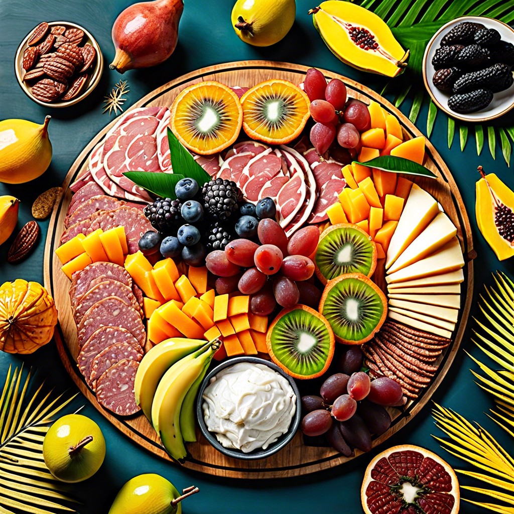 tropical themed board with exotic fruits and cured meats