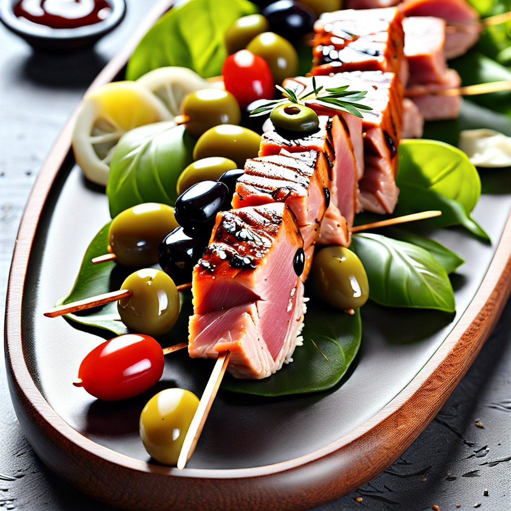 tuna and olives on skewers