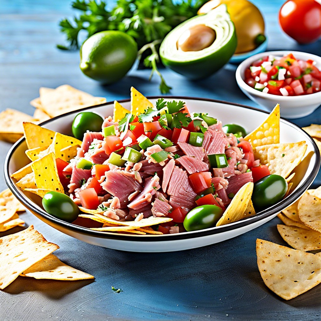 tuna pico de gallo scooped with tortilla chips