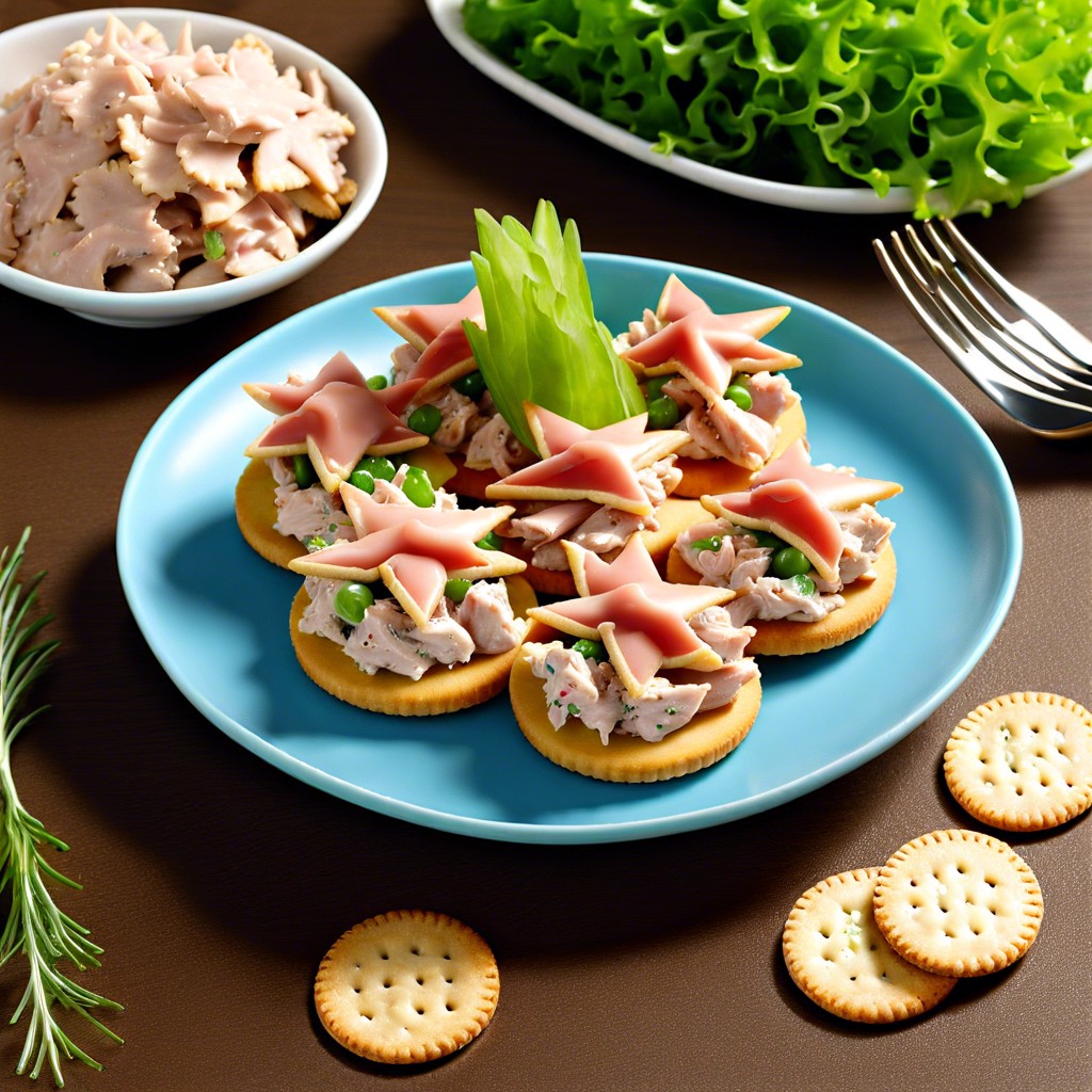 tuna salad toppers top crackers with tuna salad and diced celery