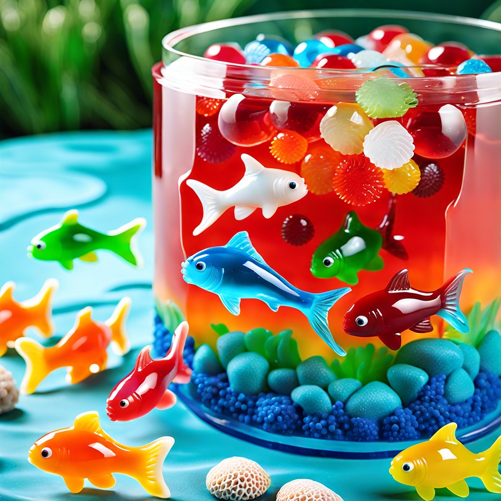 under the sea jello blue gelatin with gummy fish and a sandy crushed biscuit base